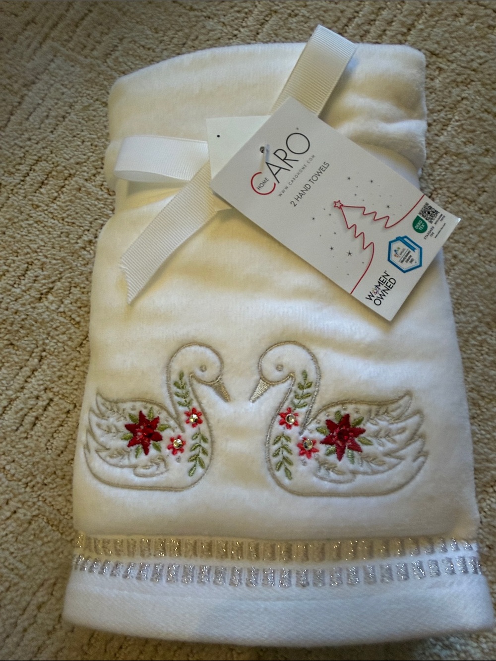 Caro White Hand Towels with Embroidered Swans and Red Floral Accents